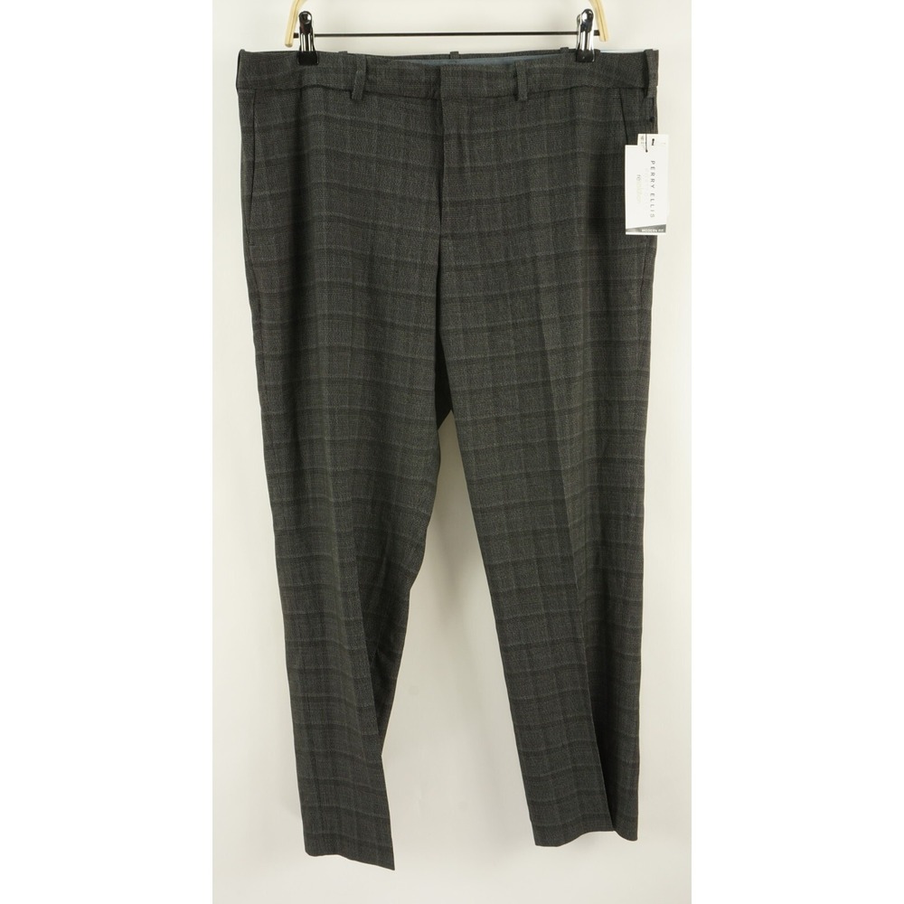 New Perry Ellis Men's 36 x 29 Modern Fit Woven Gray Plaid Performance Suit Pants